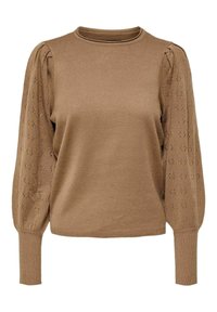 Pull en maille marron avec un col arrondi et des manches bouffantes à motif ; présente un corps texturé et des poignets côtelés.