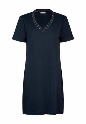 Robe courte bleu marine foncé à manches courtes avec un décolleté en V orné de détails à œillets métalliques et des manches retroussées, longueur genou, coupe droite.