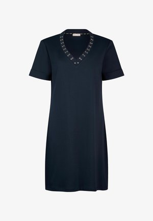 Robe courte bleu marine foncé à manches courtes avec un décolleté en V orné de détails à œillets métalliques et des manches retroussées, longueur genou, coupe droite.