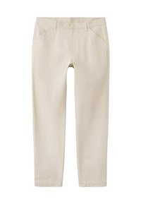 Pantalones chinos de algodón beige con diseño de pierna recta. Incluyen bolsillos frontales, trabillas para cinturón y cierre frontal con cremallera y botón. Textura suave.