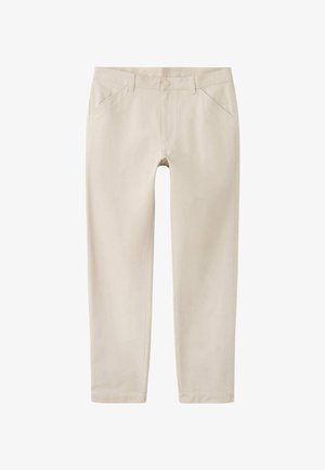 Beżowe bawełniane chinosy o prostym kroju nogawki. Posiadają przednie kieszenie, szlufki na pasek oraz zamek błyskawiczny z zapięciem na guzik. Gładka faktura.