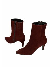 Paar burgunderrote Wildleder-Stiefeletten mit spitzen Zehen, seitlichem Reißverschluss und Kitten-Heels.