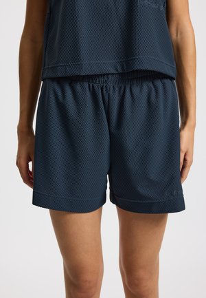 Marineblå atletikshorts i mesh med elastisk taljebånd, med løs pasform og dobbeltstikkede kanter for holdbarhed.