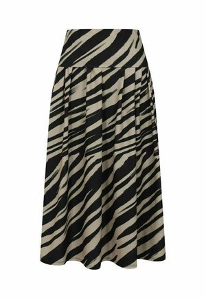Midirok met hoge taille, zwarte en beige zebradessins en geplooide plooien voor extra volume en bewegingsvrijheid.