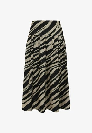 Midi suknja visokog struka s crnim i bež zebrinim prugama te naborima za dodatni volumen i lepršavost.