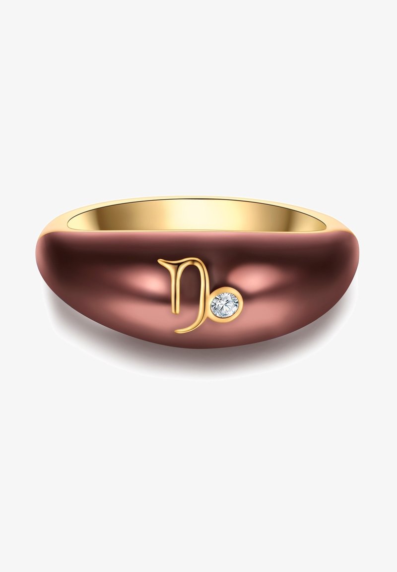 Anello in oro rosa con design liscio e arrotondato, caratterizzato da un accento dorato e un piccolo diamante. Superficie texturizzata con una finitura lucida.