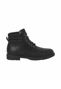 Bottine cheville en cuir noir avec une finition lisse, bout rond, œillets en métal et un col en tissu doux. Conçue avec une semelle en caoutchouc robuste.
