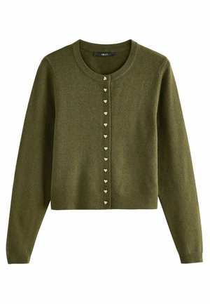 Green knit cardigan with a rounded neckline, featuring heart-shaped gold buttons along the front, long sleeves, and a cropped hem.