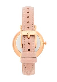 Reloj con correa de cuero rosa claro, con una caja y hebilla redondas en color oro rosado. Presenta una textura suave y orificios ajustables en la correa.