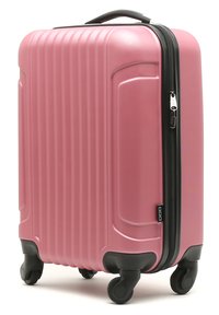 Pink hard-shell suitcase with textured surface, vertical ridges, black zipper, sturdy handle, and four wheels for mobility.