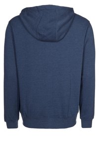 Mörkblå hoodie i mjukt material, med en känguruficka, ribbade muddar och en fodrad huva. Enkel design utan ytterligare dekorationer.