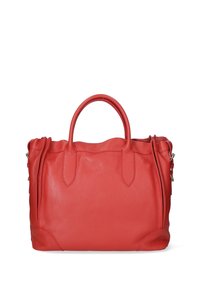 Borsa a tracolla rossa in pelle con due manici superiori, chiusure con zip, superficie testurizzata e dettagli laterali. Forma rettangolare compatta.