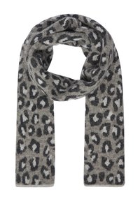 Écharpe en laine grise avec un imprimé léopard noir et blanc, pliée avec les extrémités pendantes sur un fond blanc.