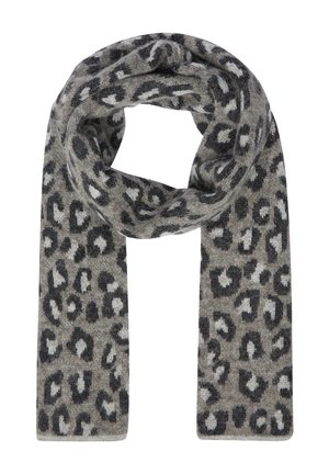 Écharpe en laine grise avec un imprimé léopard noir et blanc, pliée avec les extrémités pendantes sur un fond blanc.