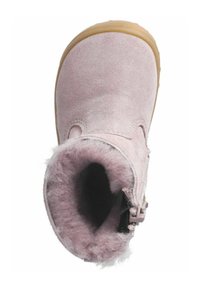 Stivale in suede rosa con morbido rivestimento interno, asta di media altezza, suola in gomma e zip laterale per una facile calzata.