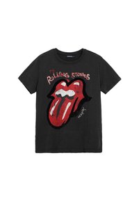 Black cotton t-shirt featuring a large red and white tongue logo with "The Rolling Stones" text above in a distressed font.