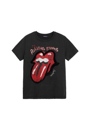 T-shirt in cotone nero con un grande logo della lingua rossa e bianca, con il testo "The Rolling Stones" sopra in un carattere usurato.