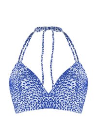 Top bikini leopard print blu e bianco con sottili spalline regolabili, scollatura a V profonda e tessuto testurizzato. Presenta un nodo al collo.