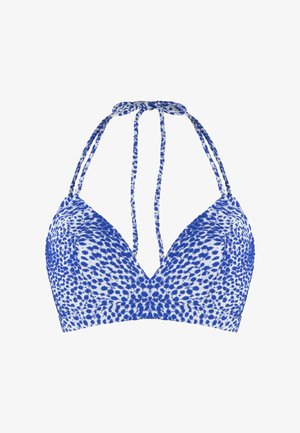 Haut de bikini à imprimé léopard bleu et blanc avec des fines bretelles ajustables, décolleté en V profond et tissu texturé. Présente un nœud à attacher au cou.