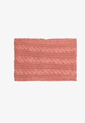 Korall színű kötött fejpánt, fonott mintával. Texturált, elasztikus anyag, körülbelül téglalap alakú, 20 cm széles és 10 cm magas.
