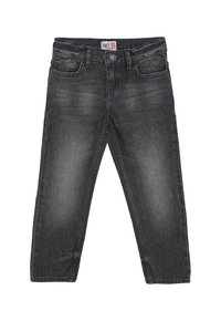 Ciemnoszare, wyblakłe dżinsy o prostym kroju z przednimi kieszeniami i zapięciem na guzik, codzienna odzież dla dzieci lub dorosłych.