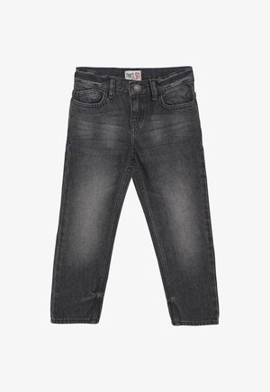 Jean droit délavé gris foncé avec poches avant et fermeture à bouton, vêtements décontractés pour enfants ou adultes.