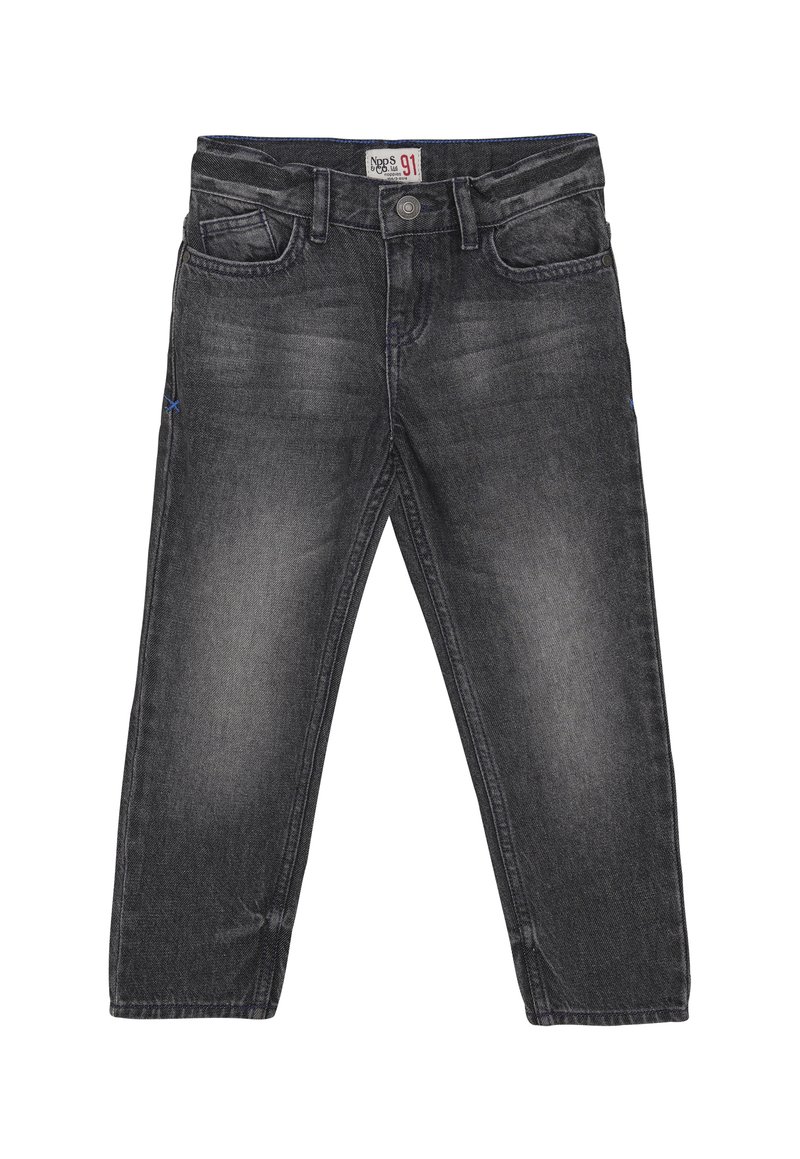 Ciemnoszare, wyblakłe dżinsy o prostym kroju z przednimi kieszeniami i zapięciem na guzik, codzienna odzież dla dzieci lub dorosłych.