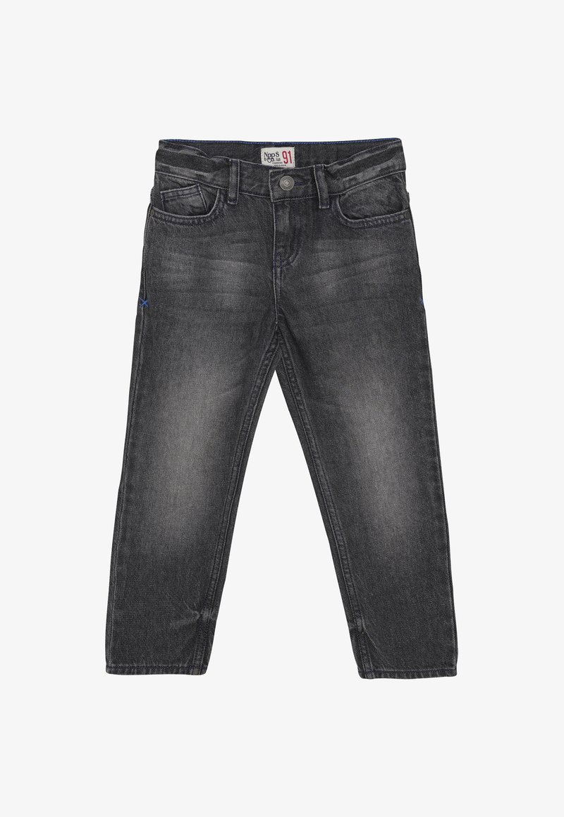 Ciemnoszare, wyblakłe dżinsy o prostym kroju z przednimi kieszeniami i zapięciem na guzik, codzienna odzież dla dzieci lub dorosłych.