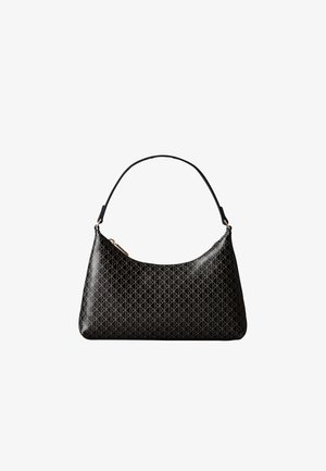 Sac à main noir avec un dessus arrondi et une courte sangle, présentant un motif géométrique entrelacé répétitif de couleur claire.