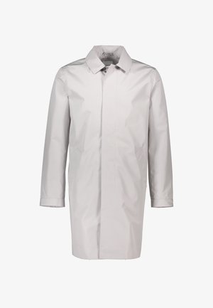 Manteau de pluie gris clair en matériau imperméable, avec une coupe droite, un col et des poches latérales. Design simple sans matériel visible.