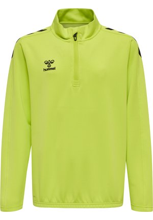 Pullover verde brillante con colletto alto, zip a quarto e accenti neri sulle spalle. Realizzato in tessuto liscio e leggero.