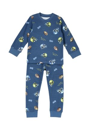 Pyjama bleu enfant avec motifs de casques de football américain, ballons de football américain et texte « Match gagné » sur le haut à manches longues et le pantalon.