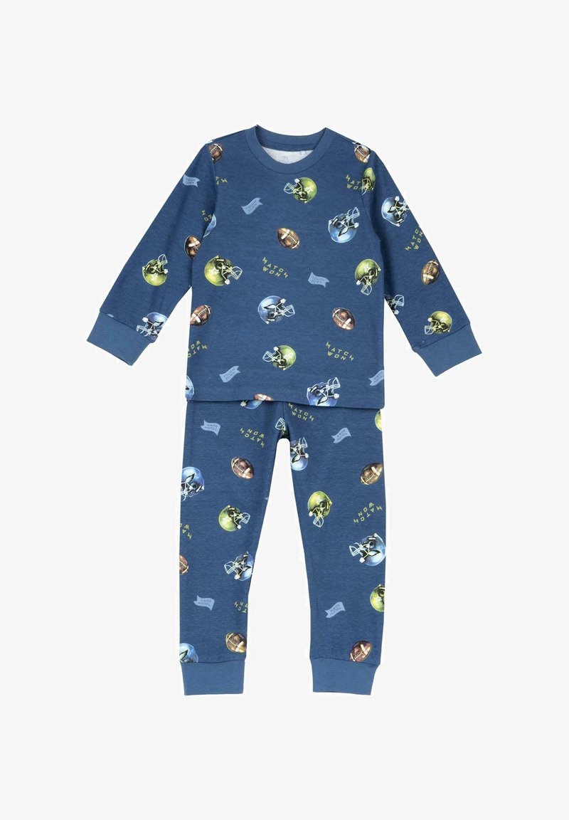 Pyjama bleu enfant avec motifs de casques de football américain, ballons de football américain et texte « Match gagné » sur le haut à manches longues et le pantalon.
