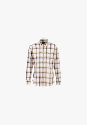 Camisa de manga larga abotonada con estampado de cuadros en amarillo, azul y gris y un pequeño logo bordado en el pecho.