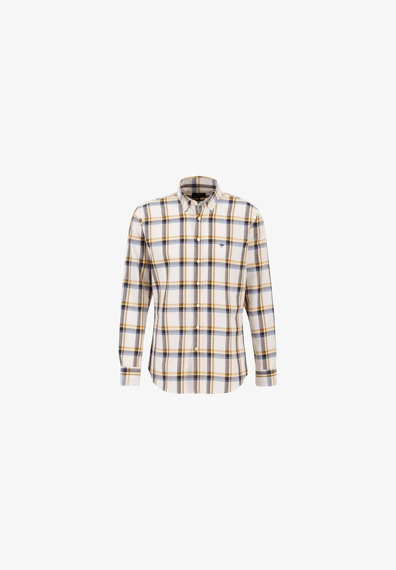 Chemise à manches longues boutonnée avec motif à carreaux jaune, bleu et gris et petit logo brodé sur la poitrine.