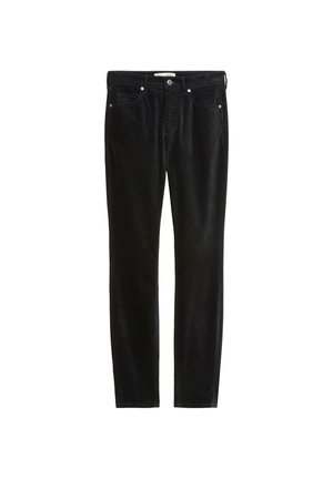 Schwarze, schmal geschnittene Cordhose mit Vordertaschen und Gürtelschlaufen, flach auf weißem Hintergrund dargestellt.