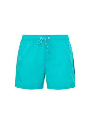 Turquoise zwembroek met een elastieke tailleband, koordsluiting en een zijpaneel in een donkerder blauw. Gladde textuur en relaxte pasvorm.