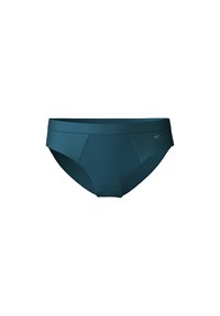 Teal bikini bottom with a smooth, stretchy fabric. Mid-rise design featuring a wide waistband and seamless sides for comfort.