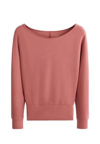 Bluză pentru femei cu mâneci lungi, culoarea roz prăfuit, cu decolteu larg în formă de barcă și tiv și manșete strâmte, prezentată pe un fundal alb.