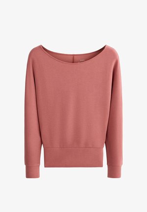 Langärmliges Damenoberteil in staubigem Rosaton mit weitem Bootsausschnitt sowie enganliegendem Saum und Bündchen, auf weißem Hintergrund dargestellt.