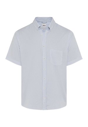 Kurzärmeliges, hellblau-weiß gestreiftes Hemd mit Brusttasche und Button-Down-Kragen.