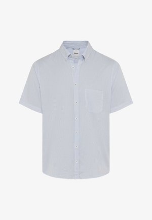 Kurzärmeliges, hellblau-weiß gestreiftes Hemd mit Brusttasche und Button-Down-Kragen.