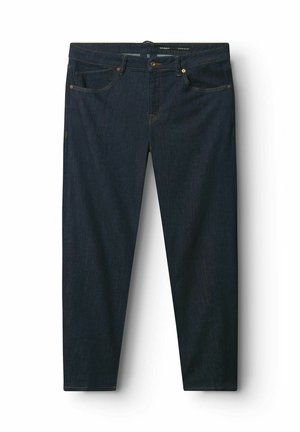 Sötétkék farmernadrág klasszikus öt zsebes dizájnnal, bronz hardverrel és kontrasztos varrással. Egyenes szárú szabás és sima textúra.