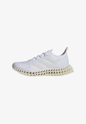 White athletic shoe with a textured, breathable mesh upper, featuring three white stripes and a distinctive lattice-style midsole.