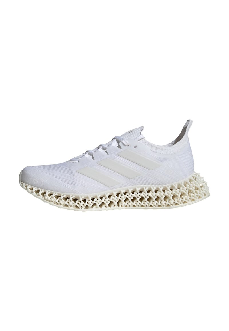 White athletic shoe with a textured, breathable mesh upper, featuring three white stripes and a distinctive lattice-style midsole.
