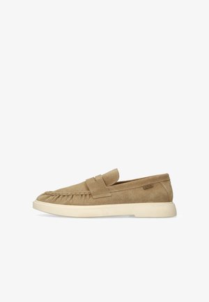Beige suede slip-on loafer with stitched detailing and a white rubber sole, viewed from the side on a white background.