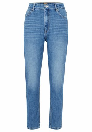 Jeans in denim azzurro chiaro a vita alta con gambe dritte, dotati di cinque tasche, chiusura con bottoni e leggera scoloritura su tutta la stoffa.