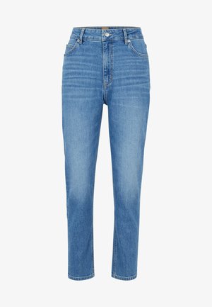 Light blue high-waisted denim jeans with straight legs, featuring five pockets, a button fly, and subtle fading throughout the fabric.