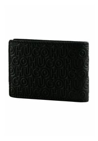 Portefeuille en cuir noir avec un motif embossé du logo "HUGO". Forme rectangulaire, texture lisse et détails de couture le long des bords.