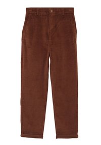 Bruna kordfløyelsbyxor med rak design, texturerad tyg och två framfickor. Bensluten är prydligt uppvikta.